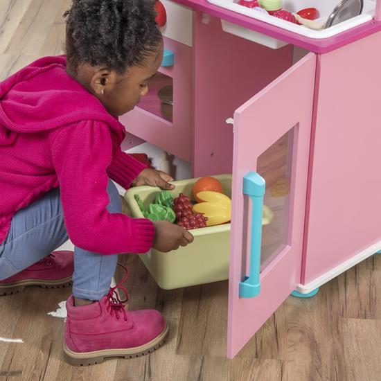white and pink play kitchen
